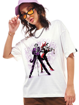 Bewakoof - Official DC Women's White Maniac Duo Graphic Printed Oversized T-shirt