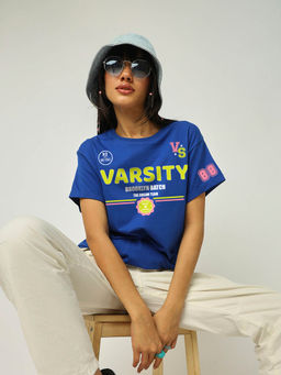 Bewakoof - Women's Blue Brooklyn Batch Graphic Printed Boyfriend T-shirt