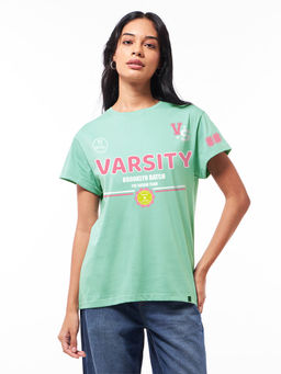 Bewakoof - Women's Granite Green Brooklyn Batch Graphic Printed Boyfriend T-shirt