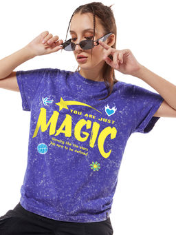 Bewakoof - Women's Blue Magic Graphic Printed Boyfriend Acid Wash T-shirt