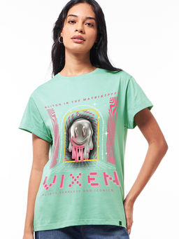 Bewakoof - Women's Granite Green Vixen Graphic Printed Boyfriend T-shirt