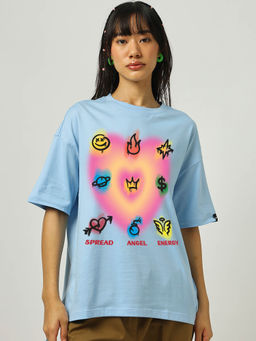 Bewakoof - Women's Chambray Blue Spread Angel Energy Graphic Printed Oversized T-shirt