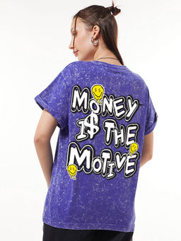 Bewakoof - Women's Blue Money is the Motive Graphic Printed Boyfriend Acid Wash T-shirt