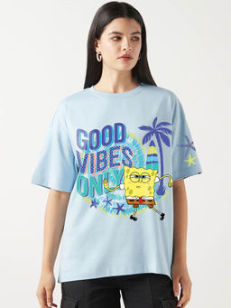 Bewakoof - Women's Sky Blue Sponge Bob Graphic Printed Oversized T-shirt