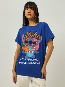 Bewakoof - Official Disney Women's Blue Lilo & Stitch Graphic Printed Boyfriend T-shirt