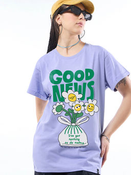 Bewakoof - Women's Baby Lavender Good News Graphic Printed Boyfriend T-shirt