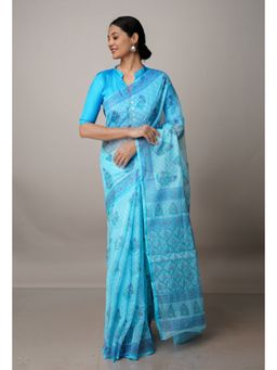 Unnati Silks - Sky Blue Pure Block Printed Kota Cotton Saree with Unstitched Blouse