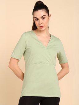 Zelena - Women Cotton Half Sleeves Zipless Breastfeeding V Neck Top in Pista