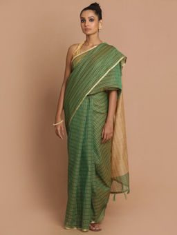 Indethnic - Banarasi Green Checked Daily Wear Saree With Unstitched Blouse