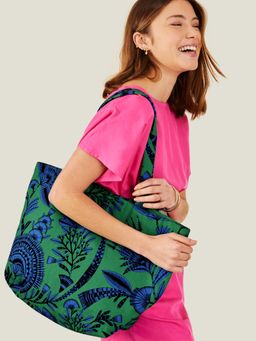 Accessorize London - Women Green Canvas Fan Print Shopper Tote Bag