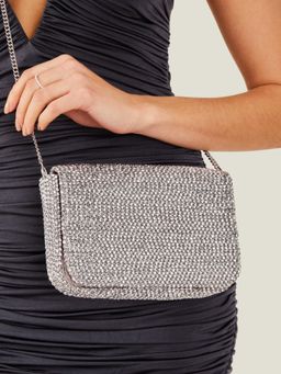 Accessorize London - Women Silver Fold Over Beaded Clutch Bag