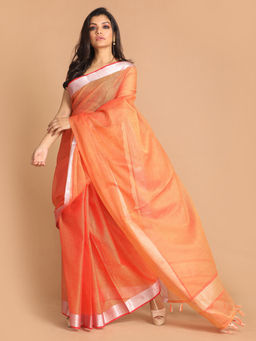 Indethnic - Kota Rust Solid Work Wear Saree With Unstitched Blouse
