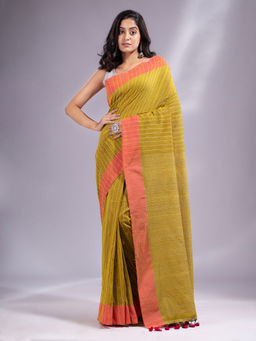 CHARUKRITI - Lime Green Cotton Handwoven Soft Saree & Zari Pallu with Unstitched Blouse