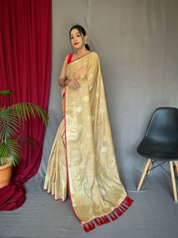 EXCLUSIVA - Cream Woven Cotton Linen Saree with Unstitched Blouse