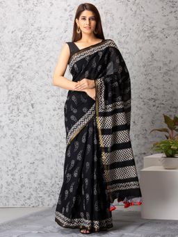 Baisacrafts - Diana Handblock Cotton Saree With Unstiched Blouse