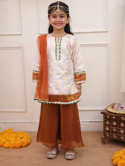 KID1 - Off White Jacquard Kurti with Shimmer Palazzo Set with Dupatta