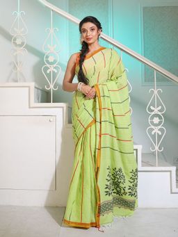 CHARUKRITI - Lime Green Cotton Handspun Saree with Stripes and Nakshi Pattern with Unstitched Blouse