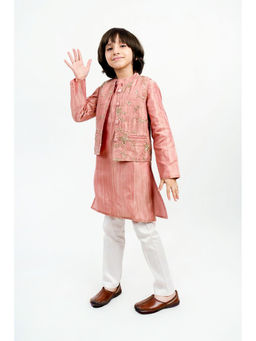 PICCOLO - Tissue Silk Embroidered Jacket, Kurta and Pyjama -Peach