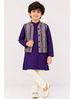 PICCOLO - Silk Gota Stripe Embellished Jacket,Kurta and Pyjama-Navy Blue