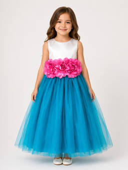 PICCOLO - Net Floral applique Tulle Party Gown-Turquoise