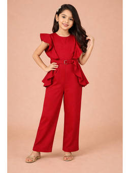 PICCOLO - Sapphire Crepe Ruffle-Sleeve Belted Jumpsuit with belt- Red