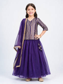 PICCOLO - Organza Gota Stripe Embellished Choli ,Lehenga and Dupatta-Purple