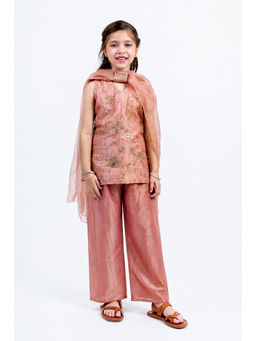 PICCOLO - Tissue Floral Handwork Kurta, Pant and Dupatta-Peach