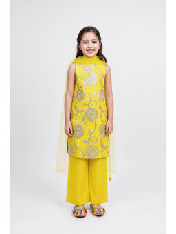 PICCOLO - Taffeta Silk Floral Embroidered Kurta, Pant and Dupatta-Yellow