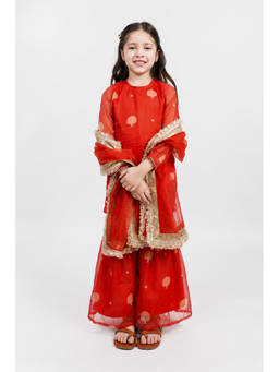PICCOLO - Organza Printed Kurta, Sharara and Dupatta-Orange