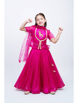 PICCOLO - Organza Embellished Applique Top, Lehenga and Dupatta-Pink