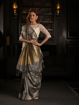 EXCLUSIVA - Grey Soft Modal Satin Silk Saree with Unstitched Blouse