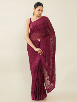 Soch - Embroidered Chiffon Saree with Unstitched Blouse