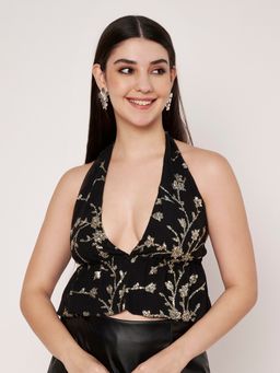 AMAGYAA - Black Embellished Halter Neck Crop Top