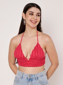 AMAGYAA - Pink 3D Rose Halter Neck Crop Top