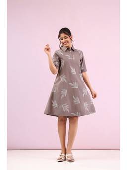 CUSTARD - Grey Cotton Embroidery Knee Length Dress