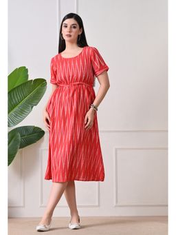 CUSTARD - Orange Printed Round Neck Midi Cotton Dress