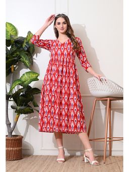 CUSTARD - Red Printed Midi Cotton Dres