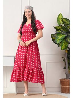 CUSTARD - Pink Printed Midi Cotton Wrap Dress