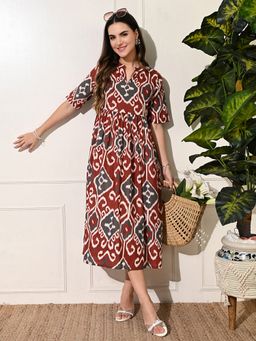 CUSTARD - Red Printed Cotton Midi Dress