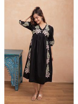 CUSTARD - Black Embroidery Cotton Midi Dress