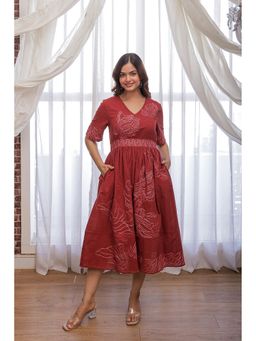 CUSTARD - Red Embroidery Cotton Midi Dress