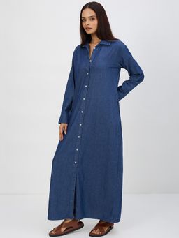Femmella - Navy Blue Denim Maxi Shirt Dress
