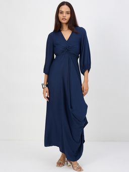 Femmella - Navy Satin Front Twisted Maxi Dress