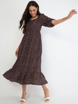 Femmella - Brown Polka Sweetheart Neckline Midi Dress