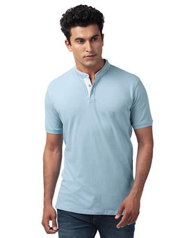 The Souled Store - Men Solids Mandarin Polo Sky Blue Mandarin Polos