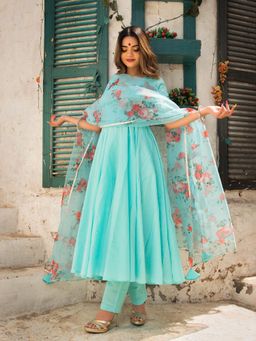 POMCHA - Blue Berry Pure Cotton Anarkali With Organza Dupatta (Set of 3)