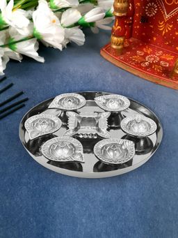 Metalsmith - Silver Diya Set with Thali for Decor and Pooja (Set Of 8)