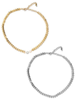 OOMPH - Pack of 2 Gold & Silver Tone with Pearl Delicate Choker Necklace