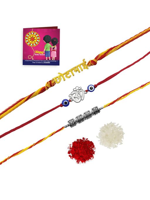 Yellow Chimes Handmade Dori Worked Chota Bhai Rakhi With Roli Chawal & Card (Set of 5)