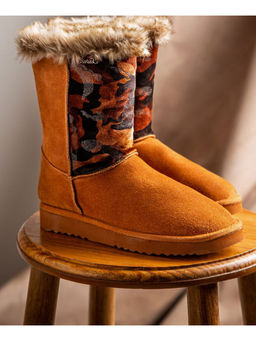 Saint G - Honora Tan Camo Italian Fabric-Leather Snug Boots